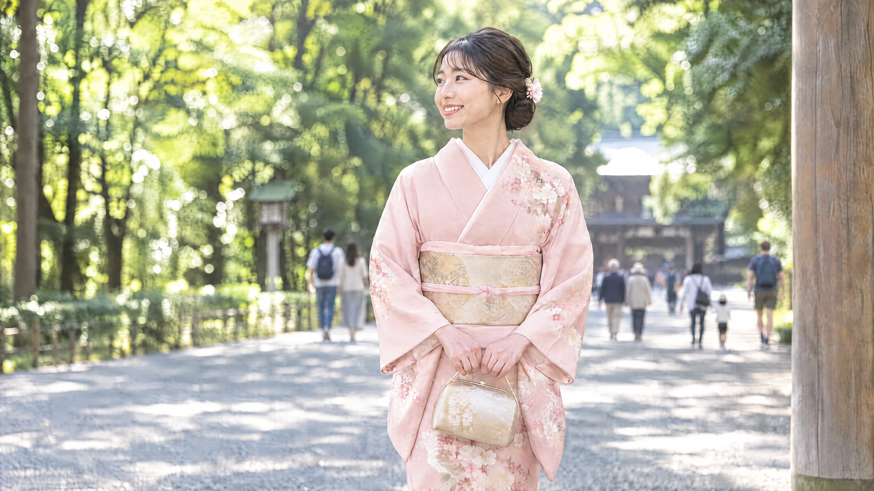 A smiling woman in a pale pink houmongi with a gold obi, holding a kimono handbag, standing on the gravel approach of Meiji Shrine with visitors in the background