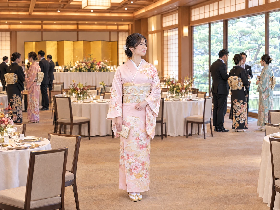 A woman in a pale pink pure silk houmongi with a gold fukuro obi standing in a Japanese-style reception hall with a gold folding screen