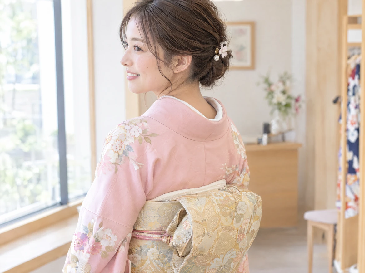 A woman in a pale pink houmongi with a gold fukuro obi and finished hair styling, seen diagonally from behind