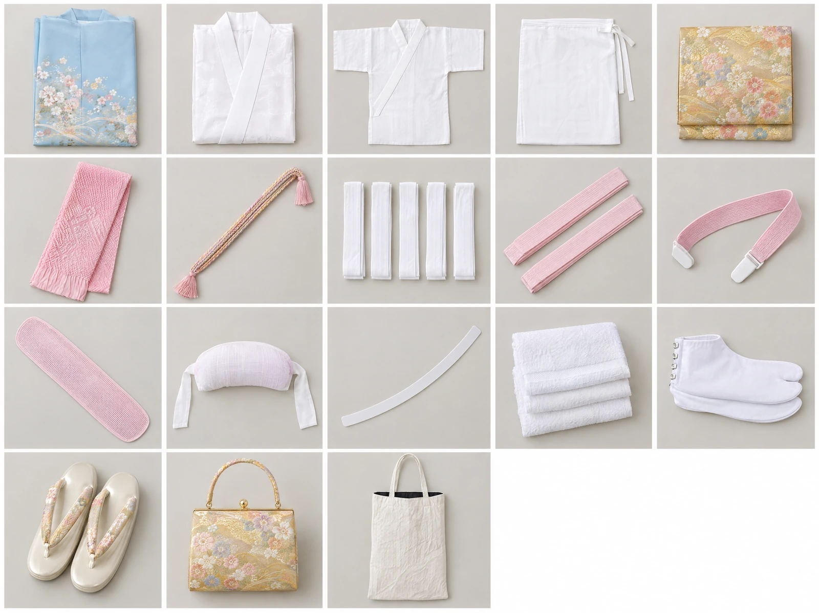 The full set laid out item by item: houmongi, nagajuban, hadajuban, susoyoke, fukuro obi, obiage, obijime, koshihimo, datejime, korin belt, obi board, obi pillow, collar stiffener, towels, tabi, zori, kimono handbag and sub-bag